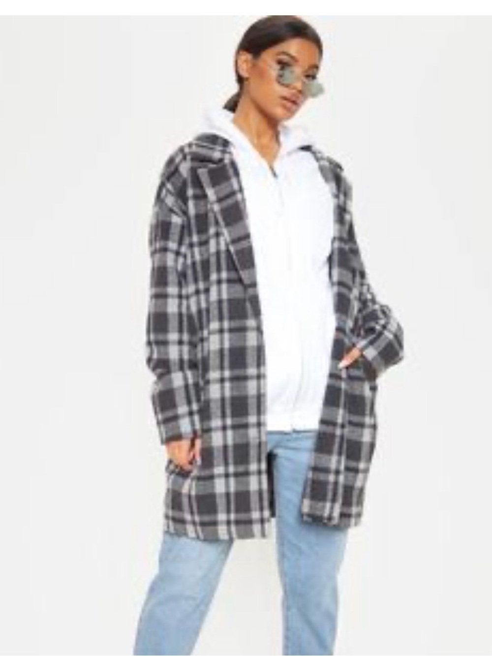 Women’s Black & Gray Plaid Oversized Coat Flannel Fall Cozy Shacket w Pockets